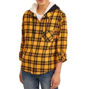 No Boundaries | Plaid Button Front Hooded Flannel Shirt Sherpa Lined Hoodie L
